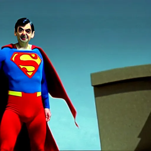 Prompt: mr. bean as superman. movie still. cinematic lighting.