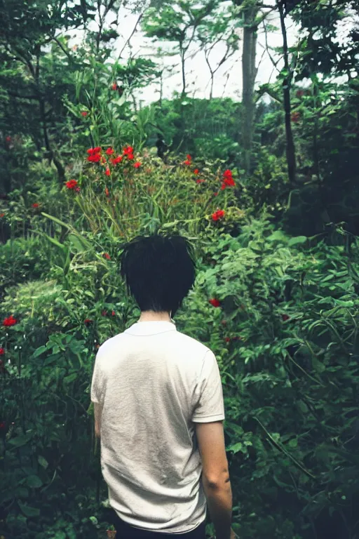 Prompt: kodak color plus 2 0 0 photograph of a skinny goth guy short blonde hair looking at beautiful exotic garden scenery, back view, vaporwave colors, grain, moody lighting, moody aesthetic,