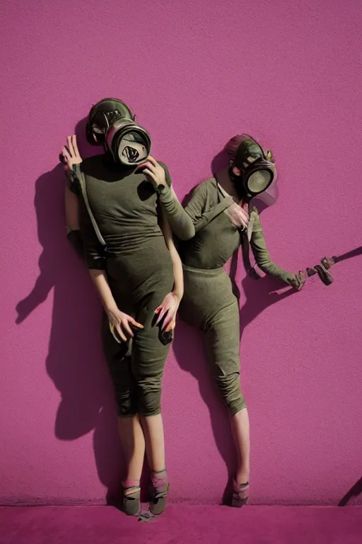 Image similar to a surreal portrait of intertwined and contorted figures wearing gas mask next to a pink wall in the style of brooke didonato, editorial fashion photography from vogue magazine, full shot, nikon d 8 1 0, ƒ / 2. 5, focal length : 8 5. 0 mm, exposure time : 1 / 8 0 0, iso : 2 0 0