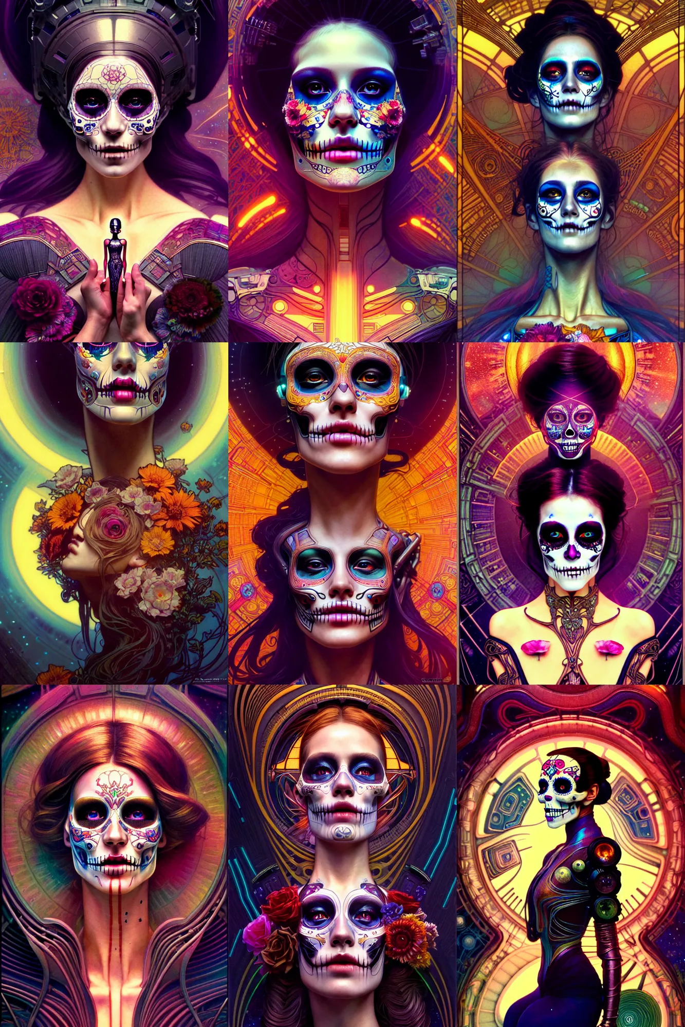 Prompt: beautiful dreaming android! woman. ecstatic portrait, cinestill, blade runner, photorealistic, interstellar, intricate detailed environment. ( el dia los muertos ), 8 k, hd. art nouveau by terry o'neil and artgerm and pollock and greg rutkowski and alphonse mucha and loish and wlop