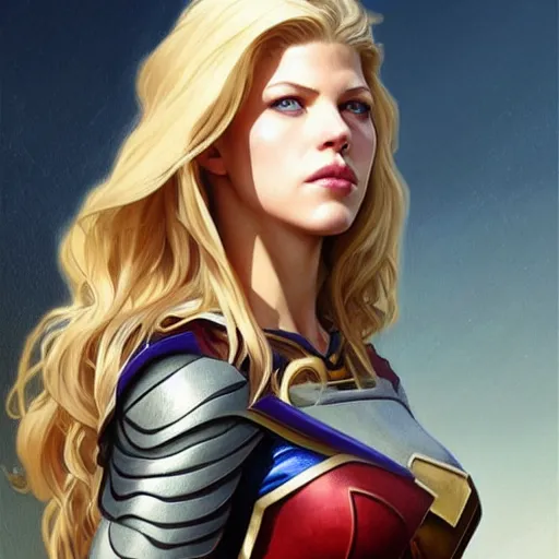 Image similar to beautiful Katheryn Winnick as Super Girl, western, closeup, D&D, fantasy, intricate, elegant, highly detailed, digital painting, artstation, concept art, matte, sharp focus, illustration, art by Artgerm and Greg Rutkowski and Alphonse Mucha