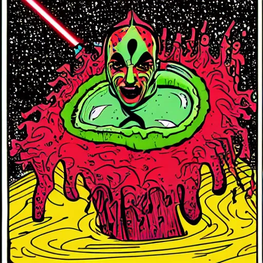 Prompt: pop - wonder - nft alien - meat half - tone - art of a darth - maul wading through the goopy - muck and slithering about the castle side delights on a melted cheesy day in a hand - drawn vector, svg, cult - classic - comic - style