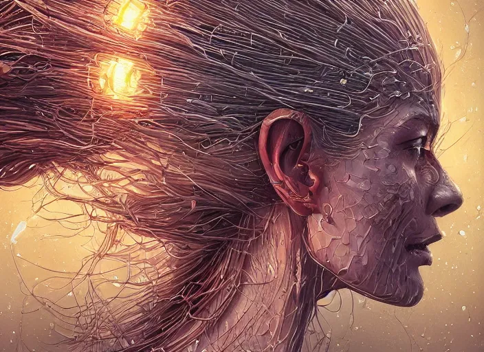 Prompt: a stupid head with highly detailed realistic nails sticking out of it, hammered nails, pain, light effect, hyper detailed, intricate, elegant, highly detailed, digital painting, artstation, concept art, matte, sharp focus, illustration, by dan mumford, yusuke murata, makoto shinkai, ross tran