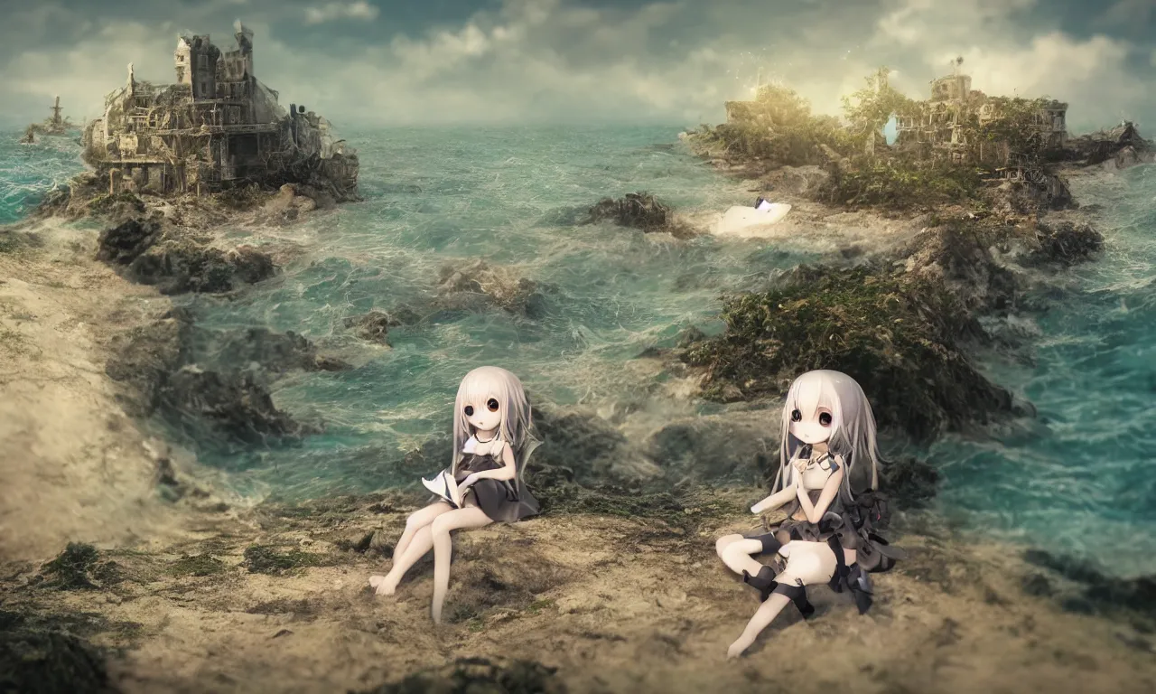 Image similar to cute fumo plush girl enigmatic gothic maiden anime girl on an abandoned island surrounded by the sea, marine seascape, vignette, vray