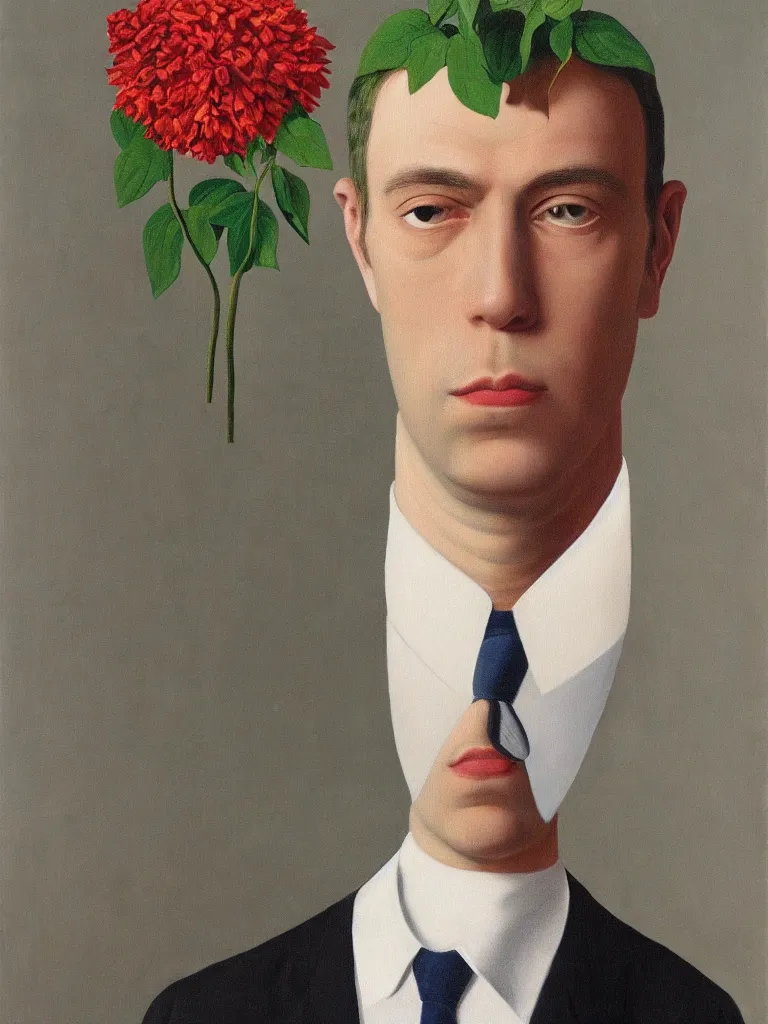 Image similar to portrait of man in a suit that has flowers instead of head by rene magritte, detailed painting, hd, hq, high resolution, high detail, 4 k, 8 k