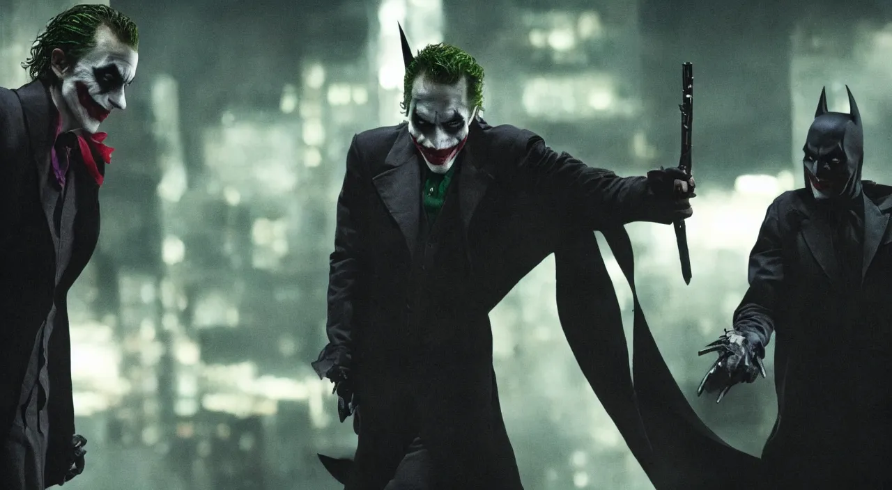 Prompt: the joker killing batman, cinematic, neo noir, batman movie, imax, atmospheric