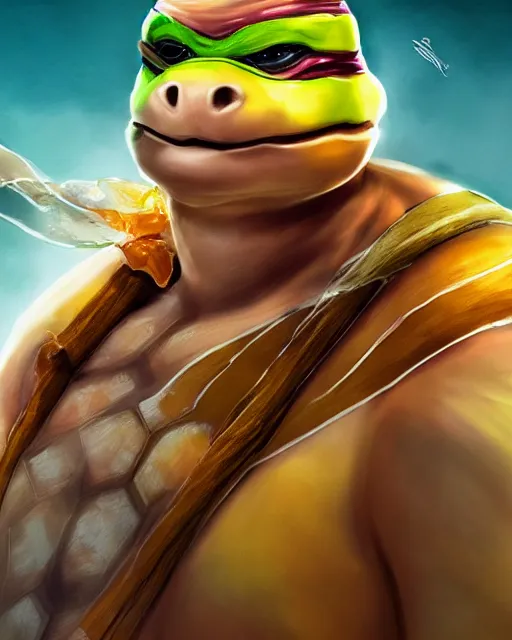 Image similar to beautiful tmnt as honey, made of honey, wearing honey - themed miniskirt, award winning creature portrait photography, extremely detailed, artstation, 8 k, sensual lighting, incredible art, wlop, artgerm, backlit, rim lighting, hi - fructose