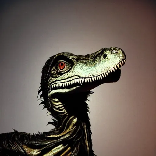 Image similar to a photograph of a velociraptor with feathers