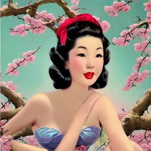 Image similar to pin - up portrait of a beautiful young chinese woman, pretty long hair, cherry blossoms, intense flirting, showing curves, symmetrical face, digital art, smooth, extremely detailed, model pose, intense look, dream, gorgeous young model, traditional beauty, pretty, by wu bayard, by gil elvgren, by ralph horsley, by hanks steve