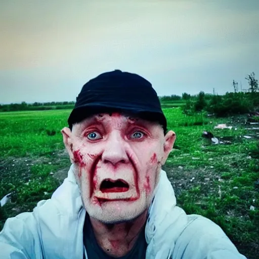 Image similar to last selfie of last alive funny scared ukrainian very damaged body to bones, bleeding running from nuclear explosion, big nuclear explosion at background
