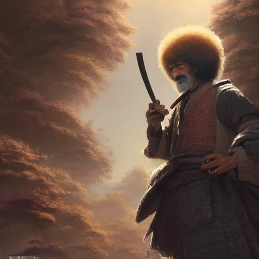 Prompt: an ultra detailed matte painting of bob ross smoking a pipe and dressed as a wandering ronin samurai, edo japan, concept art by jeong seon and greg rutkowski, octane render, 8 k, detailed face