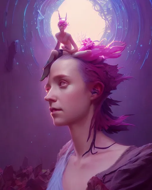 Image similar to highly detailed surreal vfx portrait of a postcyberpunk fairy, stephen bliss, unreal engine, greg rutkowski, loish, rhads, beeple, makoto shinkai and lois van baarle, ilya kuvshinov, rossdraws, tom bagshaw, alphonse mucha, global illumination, detailed and intricate environment