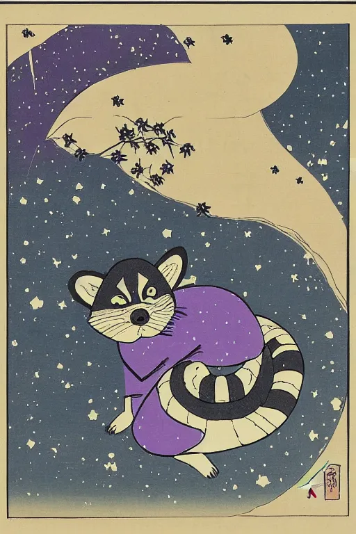 Prompt: purple raccoon in the stars in the style of Utagawa Hiroshige