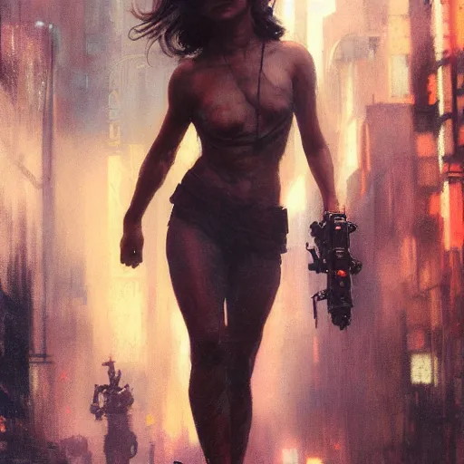 Image similar to maia mitchell, hyperrealistic full figure, bladerunner street alley, art of elysium by frank frazetta and by jeremy mann and by alphonse mucha, fantasy art, photo realistic, dynamic lighting, artstation, full figure poster, volumetric lighting, very detailed face, 4 k, award winning