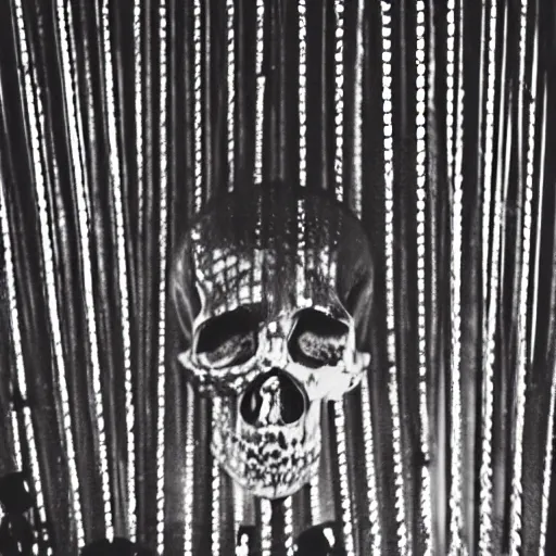 Image similar to a grainy film still of a low poly disco skull full of long spikes, reflecting light in a nightclub, grainy film photograph