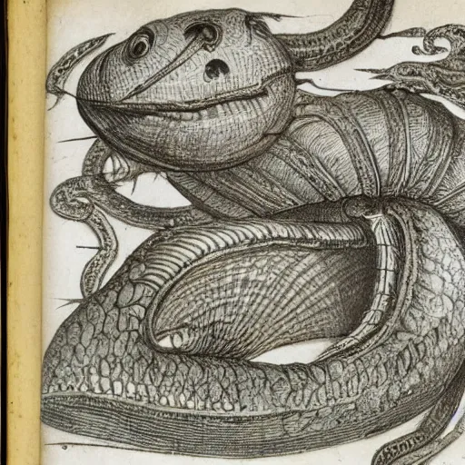 Prompt: the inside of an ancient book depicting highly detailed drawings of undersea monsters, with handwritten descriptions