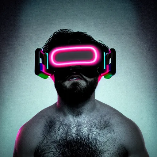 Image similar to wrestler wearing a vr headset, vr goggles, shrugging, intricate complexity, surreal horror, inverted neon rainbow drip paint, trending on art station, photoreal, 8 k, octane render by greg rutkowski