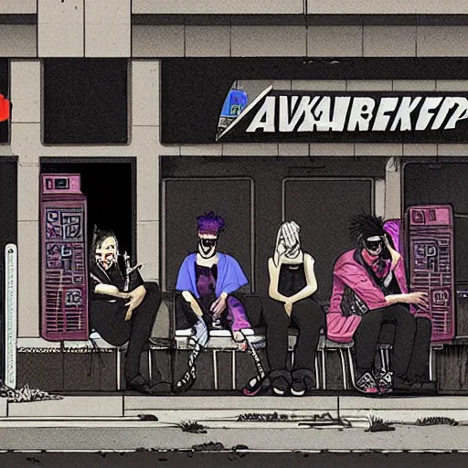 Prompt: “ group of goth punks smoking cigarettes sitting on car at an abandoned 7 - eleven convenience store, apocalyptic, photorealism, cel shading ”