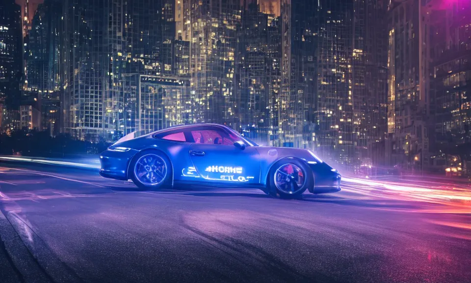 Prompt: photo of a porsche 911 at night driving fast through a city, cinematic, 4k, long exposure photography, blue and purple light