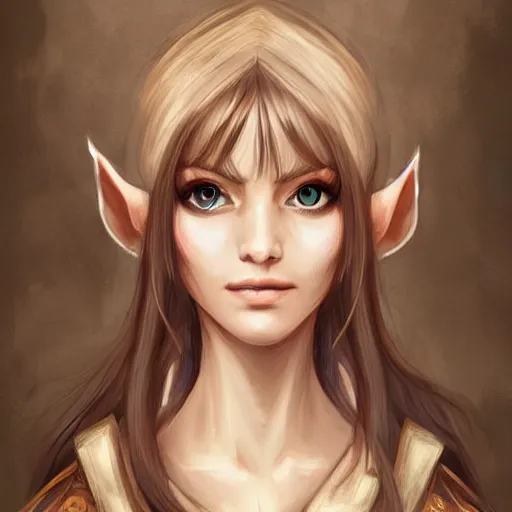 Prompt: portrait, 30 years old women :: fantasy elf, small ears :: amber eyes, long straight darkblond hair :: attractive, symmetric face :: brown medieval cloting, natural materials :: high detail, digital art, RPG, concept art, illustration