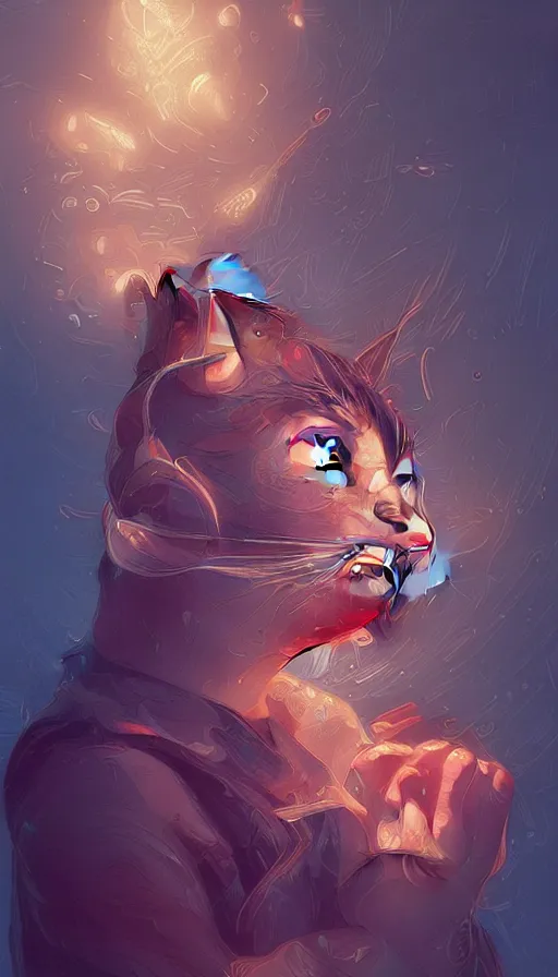 Image similar to cat, neon, fibonacci, sweat drops, insane, intricate, highly detailed, digital painting, artstation, concept art, smooth, sharp focus, illustration, Unreal Engine 5, 8K, art by artgerm and greg rutkowski and alphonse mucha