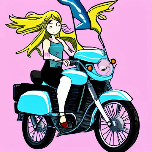 Prompt: girl on a yamaha tw 2 0 0 motorcycle, pastel colors, light blues, anime, cartoon, cute, 8 k, hd