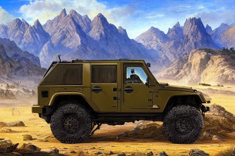 Prompt: a well designed military vehicle designed by boeing and lamborghini and jeep, military design, mountains in the distance, day, blue sky, spring season, painting by asher brown durand and star wars movie, ultra mega detailed, beautiful realistic photo, professional photography, perfect