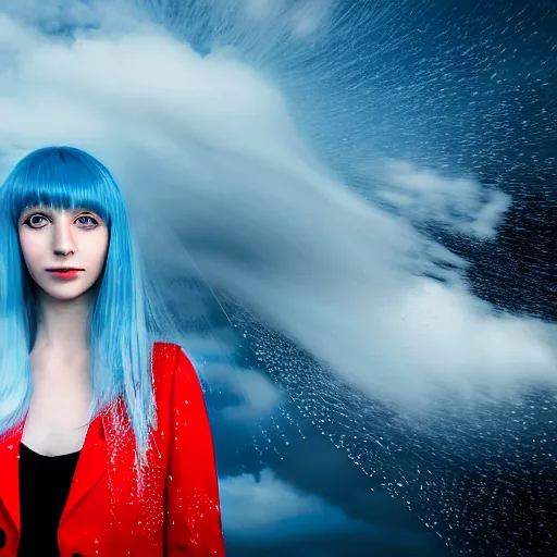 Prompt: a beautiful young girl with long light blue hair, bangs, pale skin, wearing red formal attire, a red vest, standing heroically beneath swirling storm clouds, highly detailed, 8 k, professional portrait, low - angle shot, shot from behind blades of grass, rain droplets frozen in time, volumetric god rays, sun beams, dark theme, style of junji ito