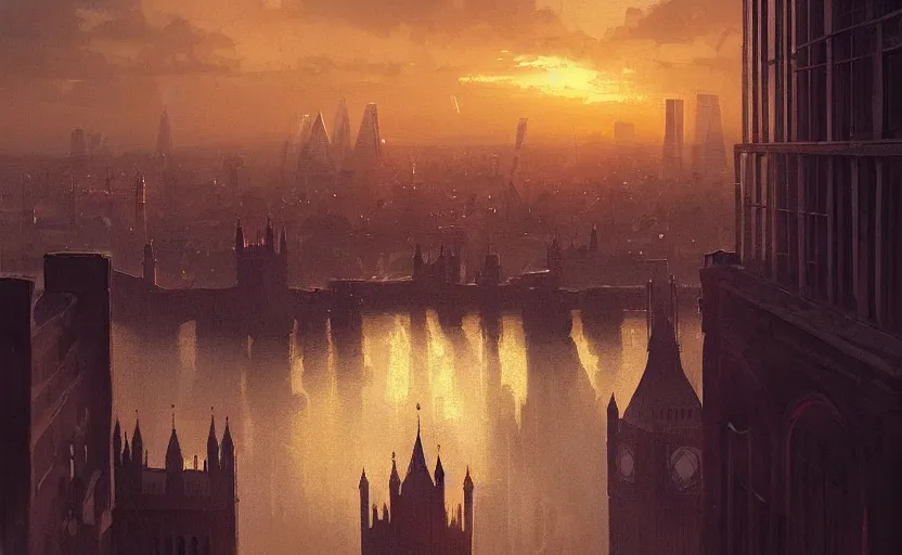 Prompt: painting of skyline of london at sunset, natural light, concept art, by greg rutkowski, cozy atmospheric and cinematic lighting