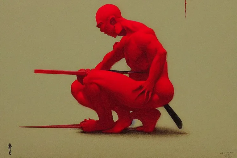 Image similar to only with red, a red samurai do seppuku, tokio, a lot of frogs watch, in the style of beksinski, parts by edward hopper, parts by rodcenko, parts by yue minjun, intricate and epic composition, red by caravaggio, insanely quality, highly detailed, masterpiece, red light, artstation, 4 k