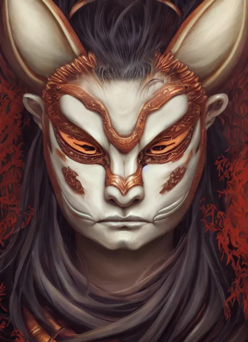 Image similar to a beautiful detailed oil on copper art illustration of a japanese oni kitsune mask shogun woman, the mask is broken, centered, by charlie bowater, zeng fanzh, trending on artstation, dim dusk lighting, cinematic lighting, detailed lighting, volumetric lighting, realistic, f 8, 4 k hd wallpaper