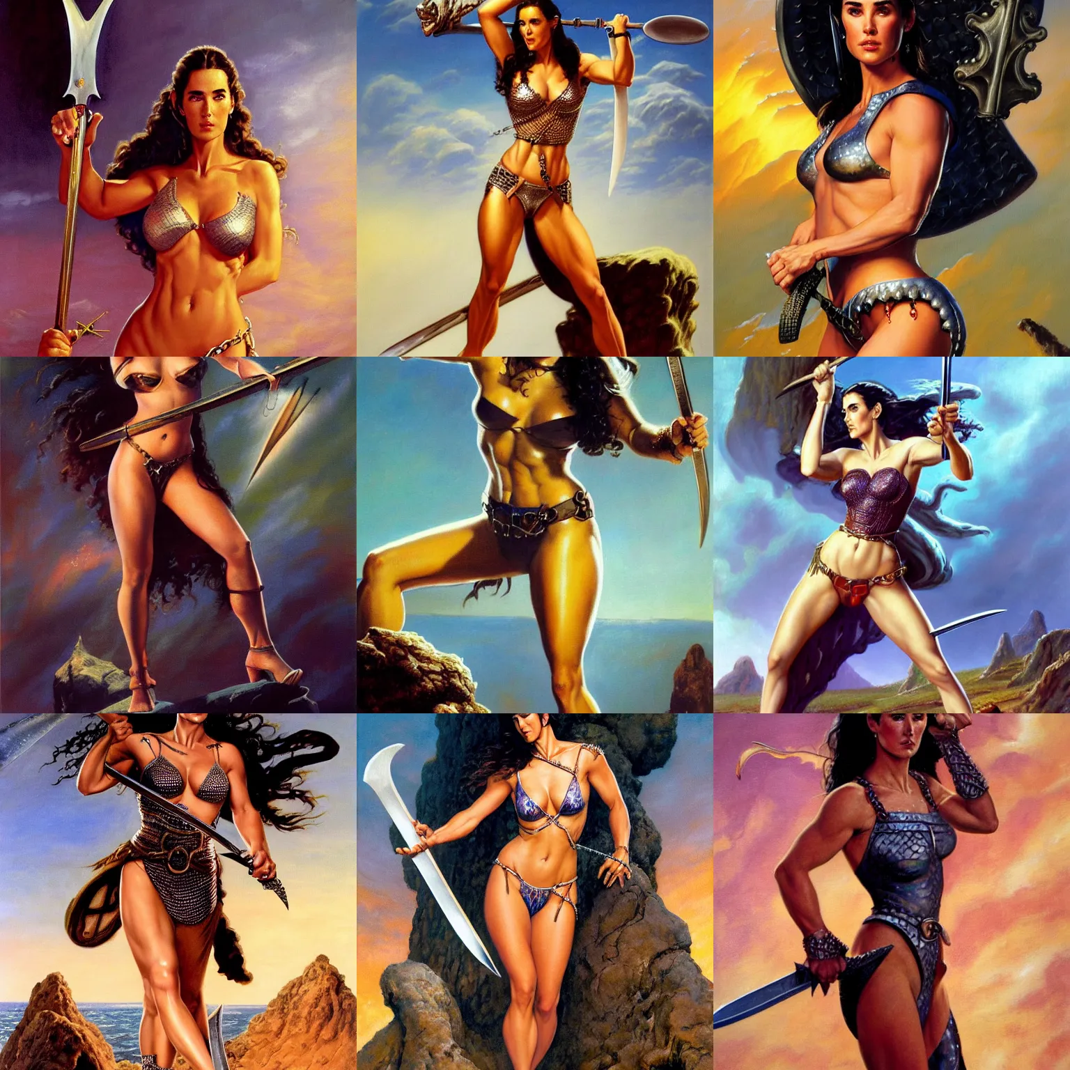 Prompt: a painting of jennifer connelly wearing a chainmail bikini and holding a sword, by by boris vallejo, julie bell, brom, frank frazetta, jeff easley, cinematic, norman rockwell, trending on artstation, rule of thirds, hd 4 k, focus face, body