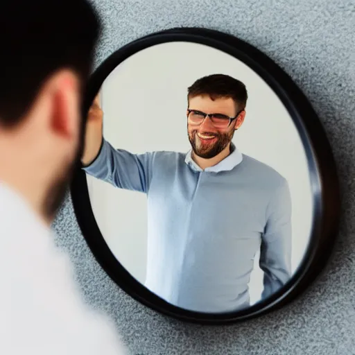 Image similar to professional direct photograph of a man with his palm on a mirror