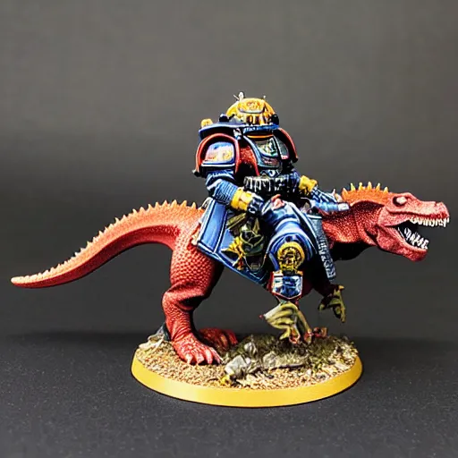 Prompt: 8 0 mm resin detailed miniature of a warhammer 4 0 k space marine riding a dinosaur, product introduction photos, 4 k, full body, hyper detailed,