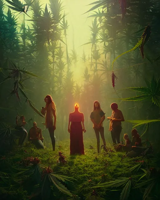 Image similar to highly detailed surreal vfx portrait of a marijuana weed cult, stephen bliss, unreal engine, greg rutkowski, loish, rhads, beeple, makoto shinkai and lois van baarle, ilya kuvshinov, rossdraws, tom bagshaw, alphonse mucha, global illumination, detailed and intricate environment