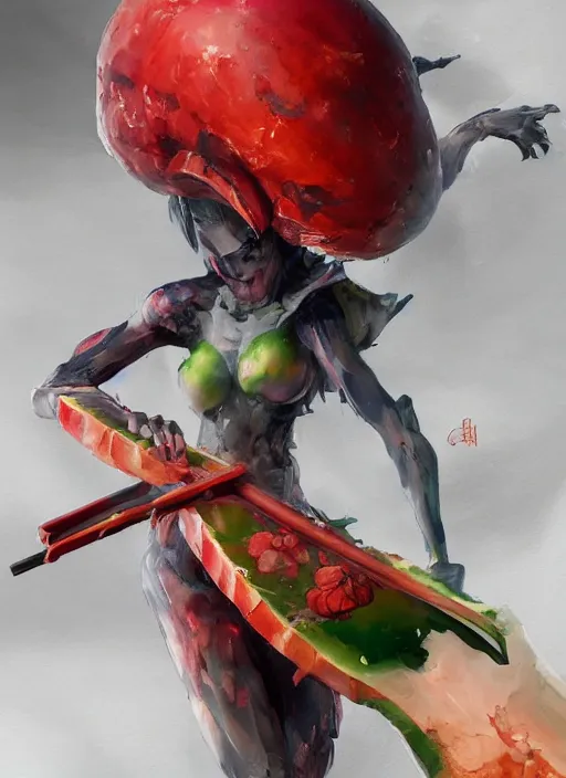 Prompt: semi reallistic gouache gesture painting, by yoshitaka amano, by ruan jia, by conrad roset, by dofus online artists, detailed anime 3 d render of an alien watermelon katana, portrait, cgsociety, artstation, rococo mechanical, digital reality, sf 5 ink style, dieselpunk atmosphere, gesture drawn