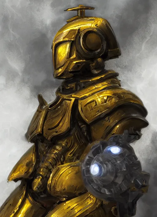 Image similar to dynamic attack position abstract portrait of a intricate glorious holy mechanical warforged character in yellow armor holding a paladin engraved great longsword drawn and carrying a big paladin shield, scoop light coming from the middle of the face , face in focus, epic , trending on ArtStation, masterpiece, cinematic lighting, by Ross Tran and by Greg Rutkowski