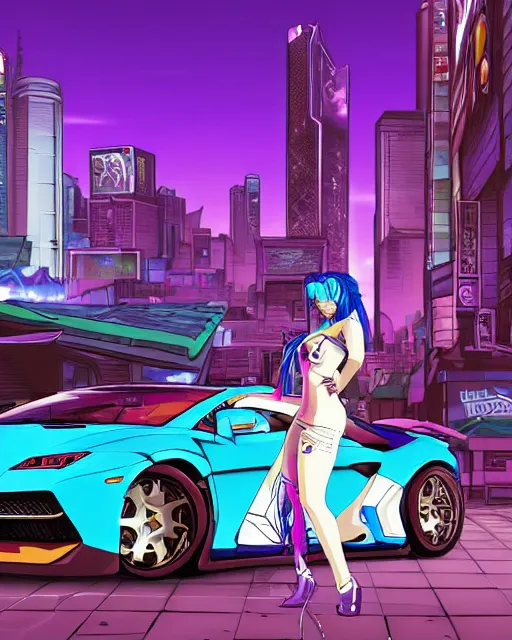 Image similar to cel shaded art of a pretty blue haired girl standing next to a purple lamborghinil, jet grind radio graphics, cyberpunk city street background