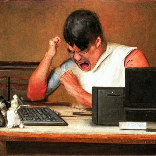 Image similar to an angry man screams at his computer monitor, oil on canvas, 1 8 8 3, highly detailed