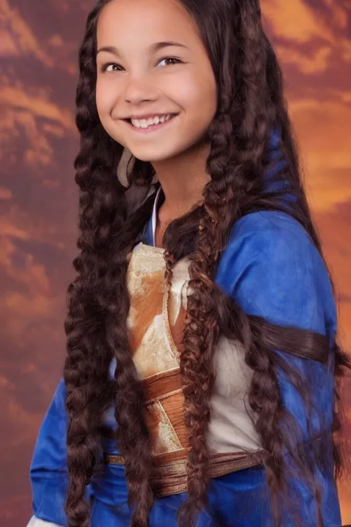 Image similar to full-length photo of real life Katara from Avatar, smiling, looking at camera