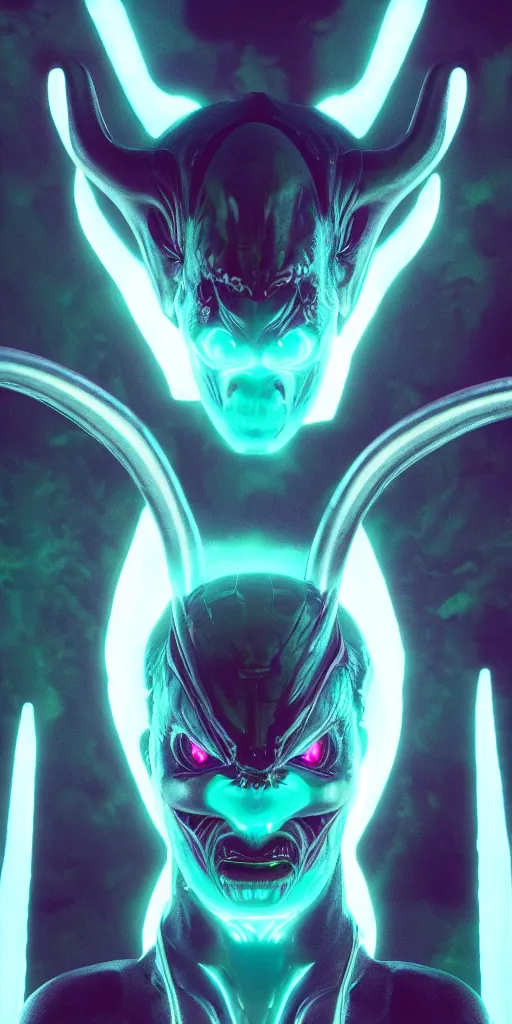 Image similar to synthwave demonic alien face with neon horns, detailed face, sharp focus, synthwave art, aesthetic, octane render, raw, cinematic