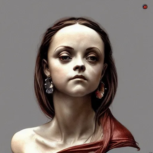 Image similar to beautiful lifelike award winning marble statue bust of christina ricci trending on art station artgerm greg rutkowski alphonse mucha museum quality cinematic atmospheric