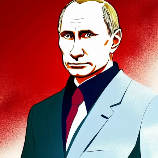 Prompt: high quality portrait of vladimir putin. art by makoto shinkai, crunchyroll, pixiv, danbooru, hd, headshot, cinematic still, detailed anime face, bokeh, digital art, cel shading, vivid colors, ambient lighting