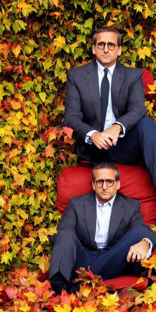 Image similar to Steve Carell is sitting relaxed on a sofa placed under colorful autumn tree