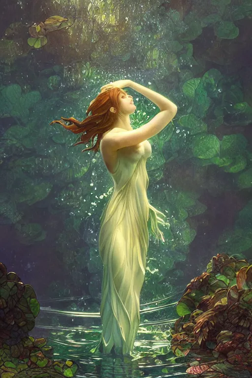 Image similar to a beautiful render of a beautiful female water sprite, water spray,, a beautiful face, perfectly shaded, atmospheric lighting, style of makoto shinkai, raphael lacoste, louis comfort tiffany, artgerm, karol bak, james jean, alphonse maria mucha