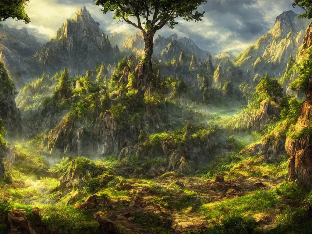 Prompt: a beautiful photorealistic picture of a valley from a fantasy world, inside which are beautiful nature, magnificent trees grow in the valley and mighty mountains in the background, highly detailed