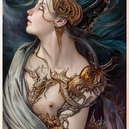 Image similar to portrait of the dragon queen by artgerm and H R Giger and alphonse mucha, Dragon in dragon lair, HD, full body dragon concept, flying dragon, Human body with dragon features, beautiful queen, perfect face, fantasy, intricate, elegant, highly detailed, digital painting, artstation, concept art, smooth, sharp focus, illustration, ray tracing, 4k realistic 3d rendered portrait, soft shading, soft colors, relaxed colors, hyperdetailed, wide angle lens, fantasy, futuristic horror, armor style of giger