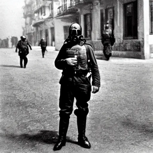 Image similar to police officer posing wear gas mask during world war ii in istanbul, photo, realistic