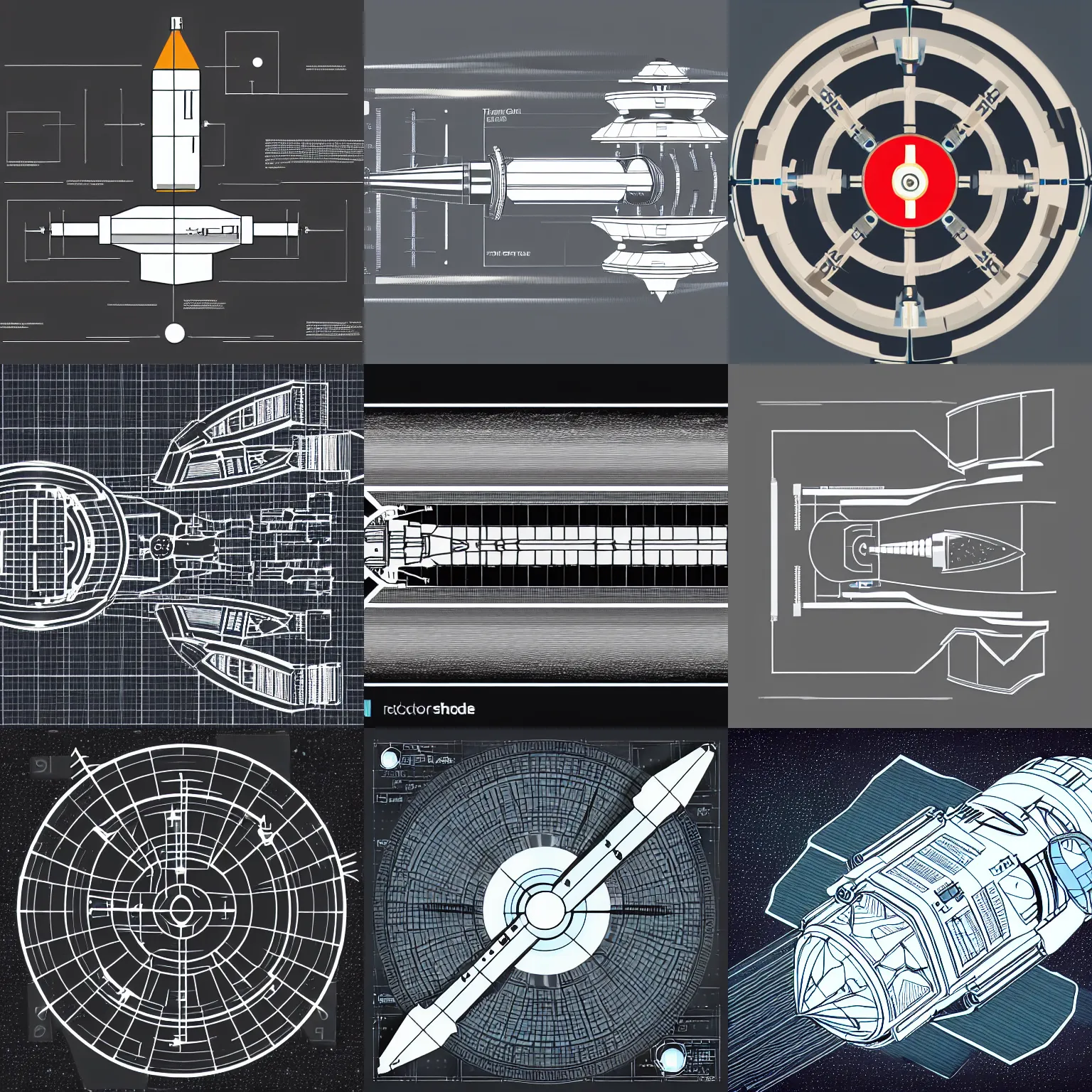 Prompt: a stylized two dimensional science fiction spacecraft propulsion module schematic, two colors, black backround. inkscape, illustrator, vector graphics, 2 d game, topdown.