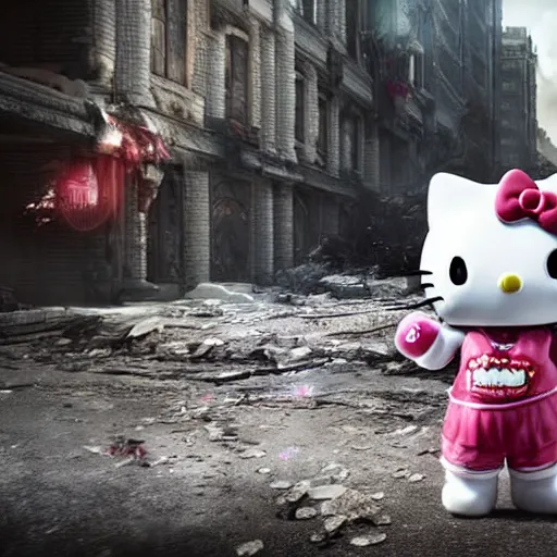 Prompt: hello kitty in gears of war, splash art, movie still, detailed face, cinematic lighting, colour, dramatic, octane render, long lens, shallow depth of field, bokeh, anamorphic lens flare, 8 k, hyper detailed, 3 5 mm film grain